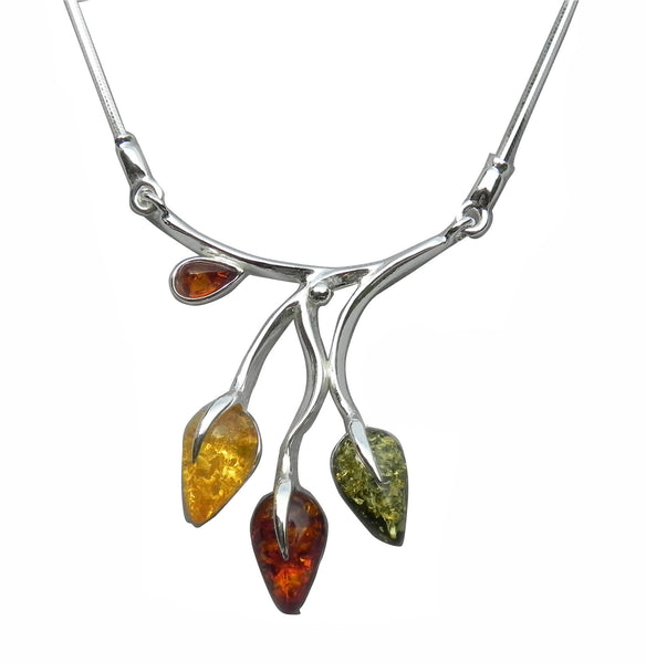 Genuine Baltic Amber Necklace - Multi Color Amber Flower Bud Pattern - 925 St...