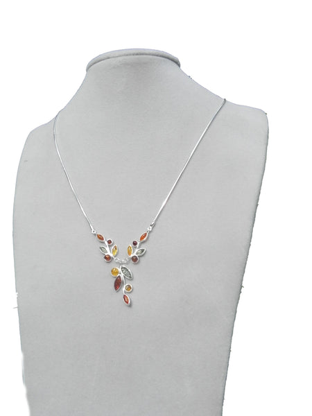 Genuine Baltic Amber Necklace - Multi Color Amber Flowery Pattern - 925 Sterl...