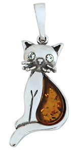 Genuine Baltic Amber Cat Pendent - 925 Sterling Silver