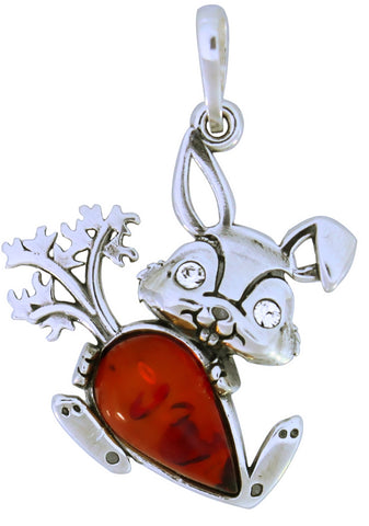 Genuine Baltic Amber Bunny Pendent - 925 Sterling Silver