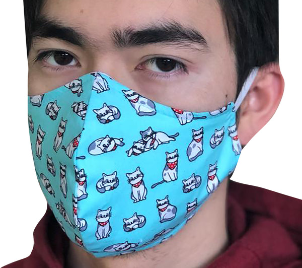 Homemade Cotton Face Mask - 1x Turquoise Cat Mask + 1x Free Random Design mask