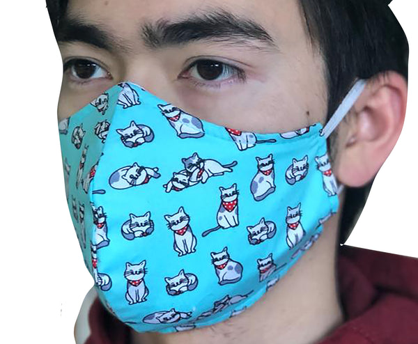 Homemade Cotton Face Mask - 1x Turquoise Cat Mask + 1x Free Random Design mask